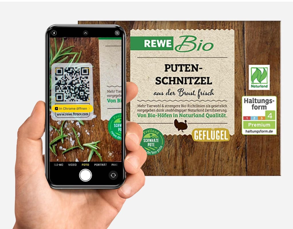 Detaillierte, chargengenaue Informationen, die auf der Verpackung keinen Platz finden sind über den QR-Code erreichbar. (Foto: Rewe Group)