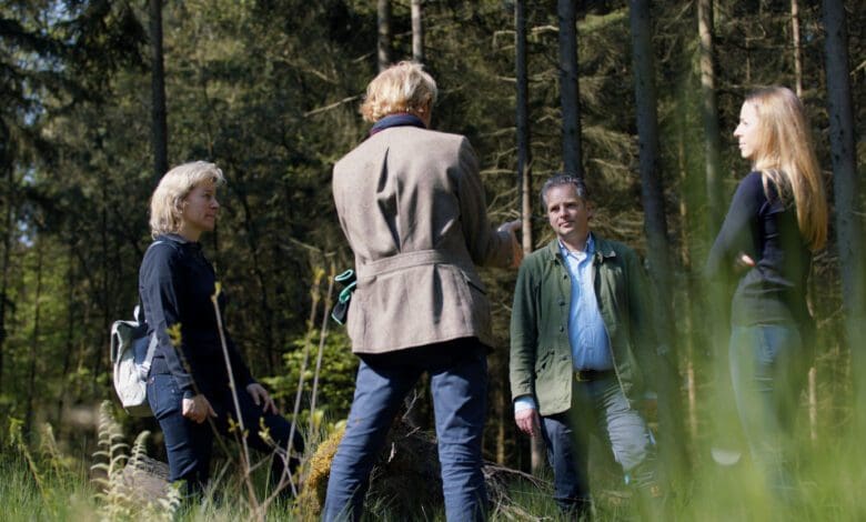 Forest manager Hans Ludwig Körner talks to BayWa AG employees about tree planting as part of a Combayn project. (Photo: BayWa)