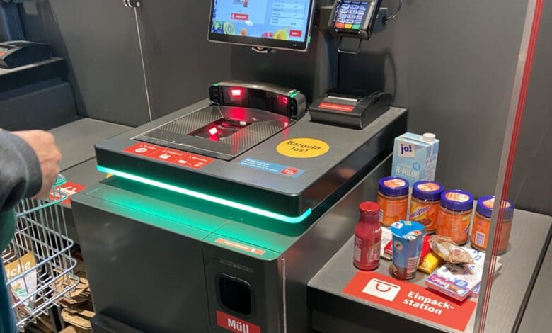 For the roll-out of self-checkouts in Germany, Rewe Group is relying strongly on hardware from 4POS – such as here in its flagship store in Wiesbaden-Erbenheim. (Photo: Retail Optimiser)
