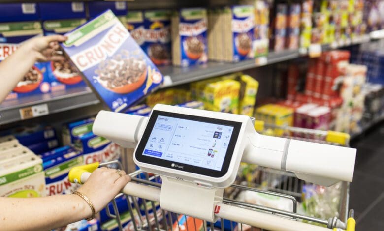 Shopic’s devices are clipped on ordinary shopping trolleys. (Photo: Shopic)