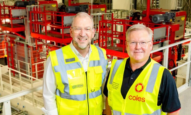 Have put one of the largest Witron-automated distribution centres into operation in Redbank, Queensland, Australia: Helmut Prieschenk, CEO Witron (left) and Steve Chain, CEO Coles (right). (Photo: Coles Group)
