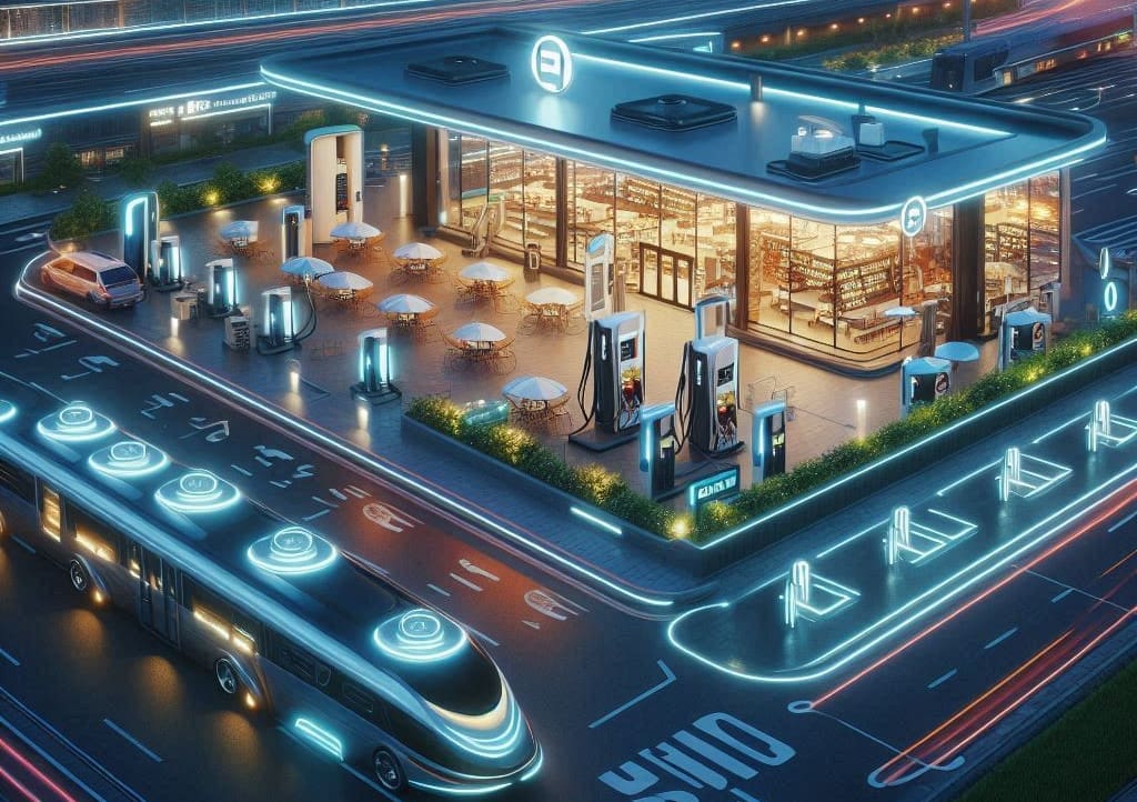 The future will see mobility centres that also offer services such as car sharing and car pooling. (AI image: Retail Optimiser)