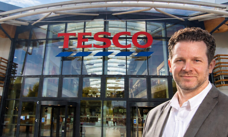 Chris Blatchford, as the new CTO, aims to drive Tesco’s IT transformation forward. (Photo: Bloomsbury / Tesco / AI montage)